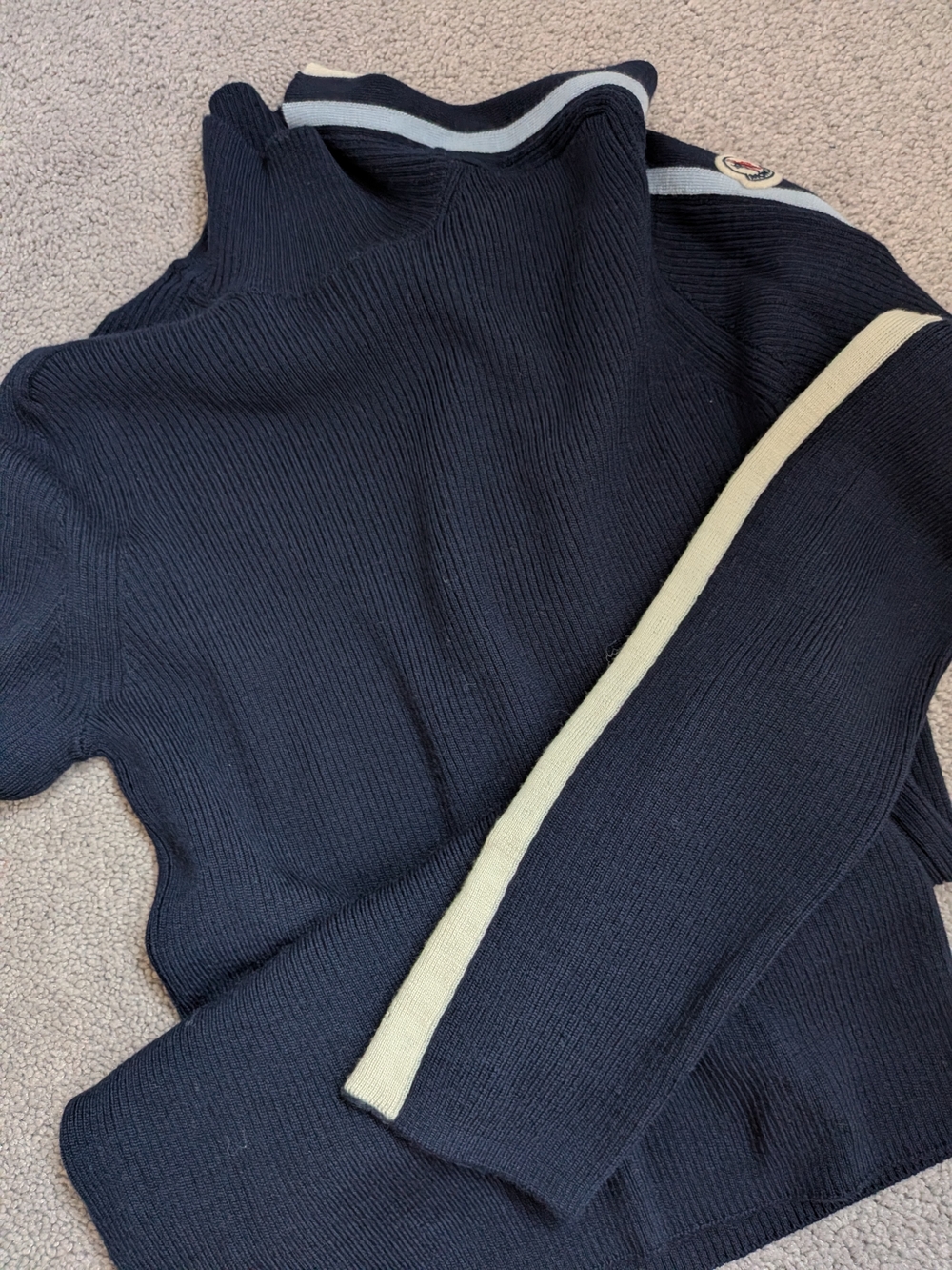 Moncler Navy Ribbed Turtleneck Sweater with Cream Logo Detail